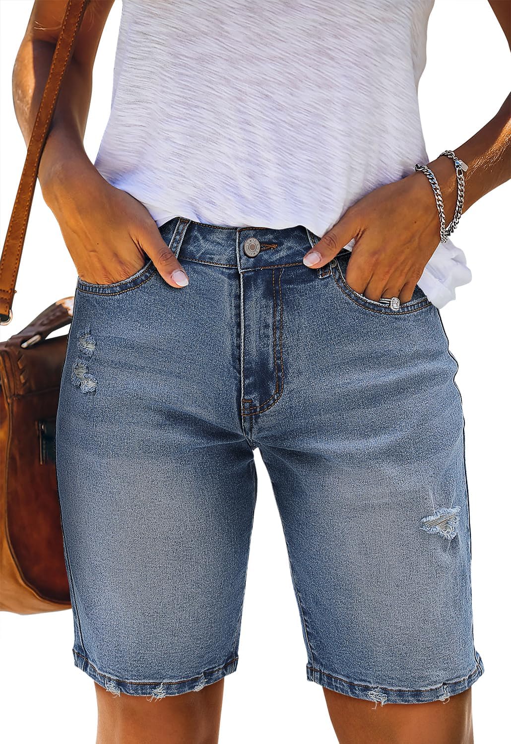 CHICZONE Womens Bermuda Jean Shorts Stretchy Mid Waisted Denim Shorts with Pockets