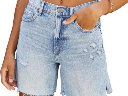 Womens Bermuda Jean Shorts Stretchy Mid Waisted Denim Shorts with Pockets