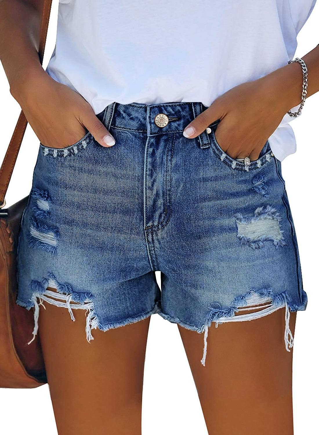 ZOLUCKY Women's Casual Summer Denim Shorts Mid Waisted Stretchy Ripped Jean Shorts with Pockets